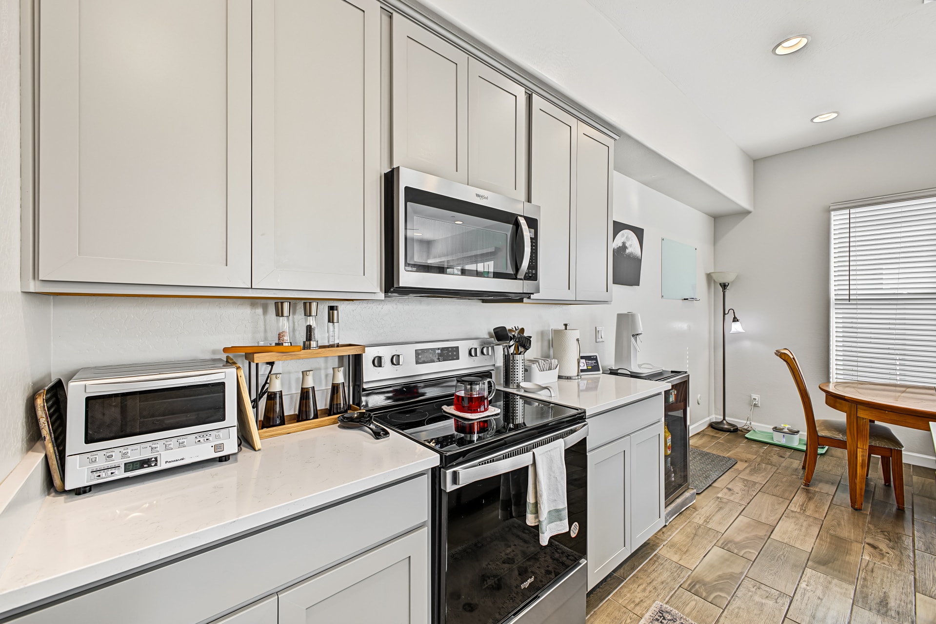 Interior — kitchen range and quartz counters